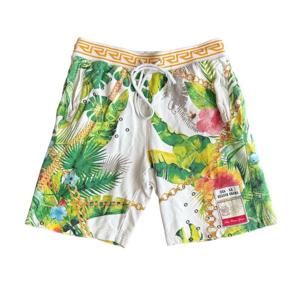 Reason Mens Tropical Print Drawstring Shorts L